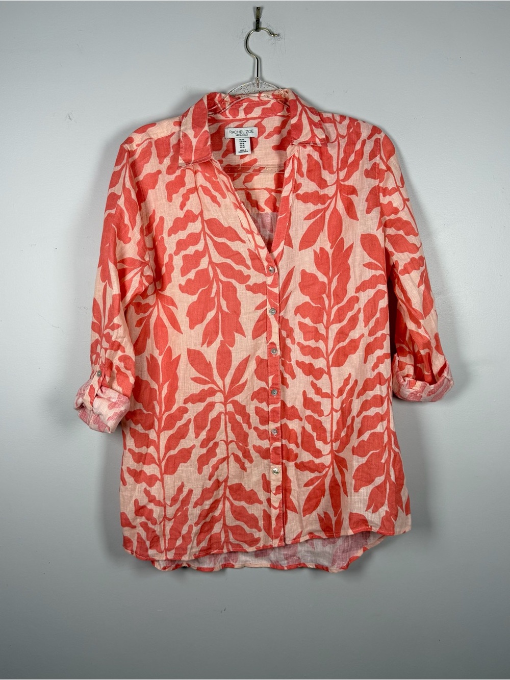 Rachel Zoe Coral Peach Linen Blouse Button Up Top Tropical Blouse Shirt Medium